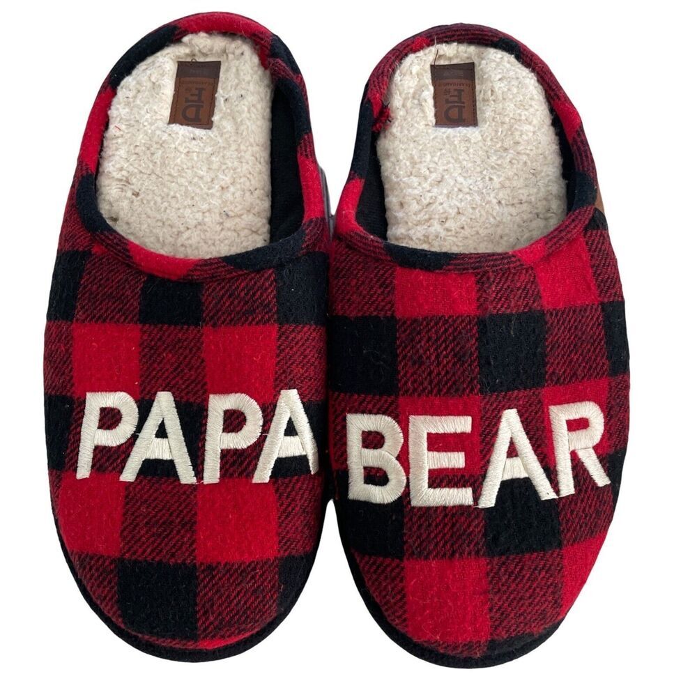 Dearfoams Slippers‎ Mens Medium US 9-10 Papa Bear Fleece Flannel Slip On Red